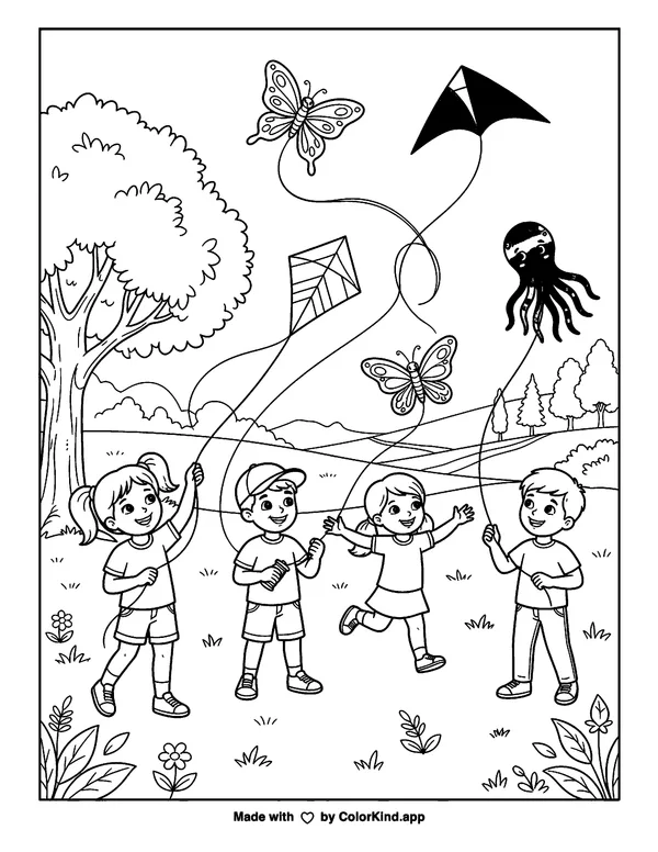 Children flying kites in a park, scene 4 as clean black-and-white printable line art made by ColorKind