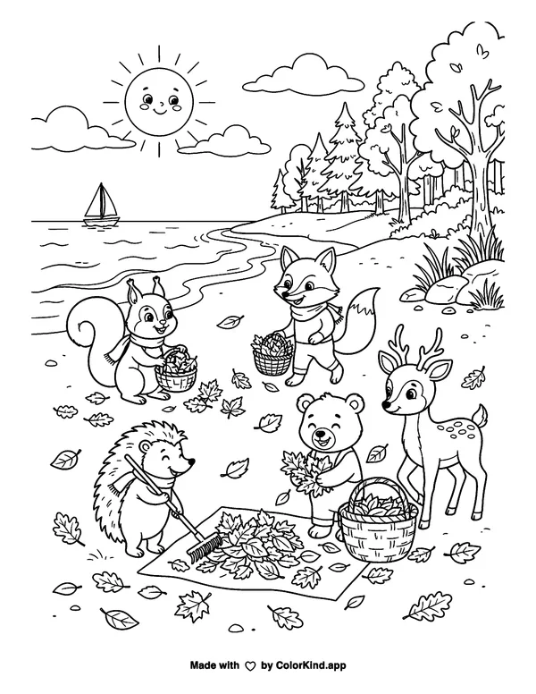 Woodland Animals Collecting Autumn Leaves as clean black-and-white printable line art made by ColorKind