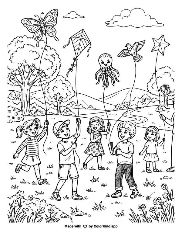Children flying kites in a park, scene 7 as clean black-and-white printable line art made by ColorKind