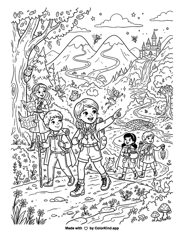 Children flying kites in a park, scene 8 as clean black-and-white printable line art made by ColorKind