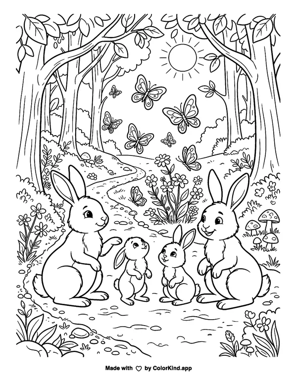 Rabbit family on a forest path as clean black-and-white printable line art made by ColorKind