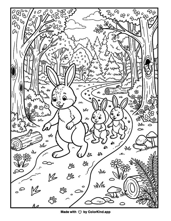 Rabbits on a Forest Path as clean black-and-white printable line art made by ColorKind