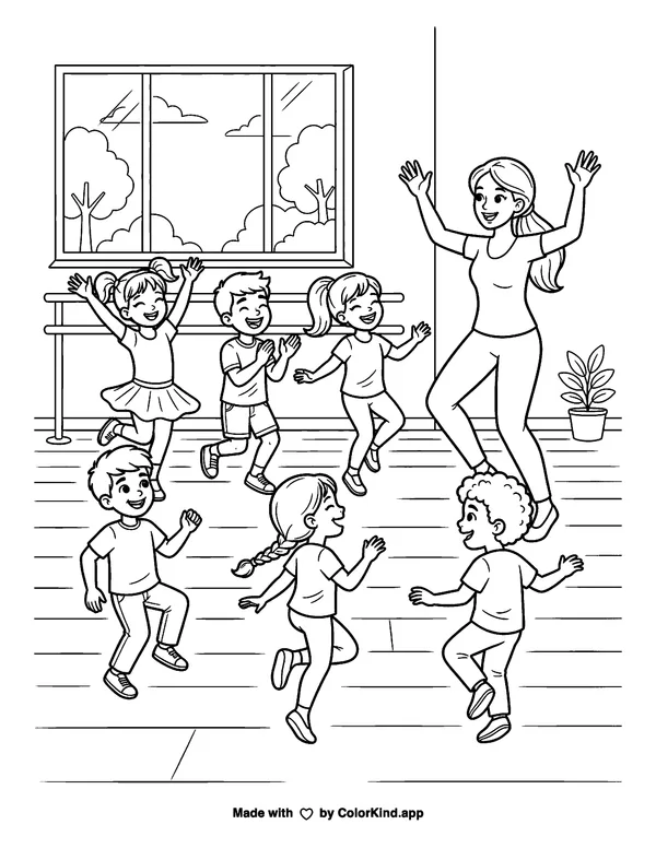 Children learning a cheerful dance, scene 6 as clean black-and-white printable line art made by ColorKind