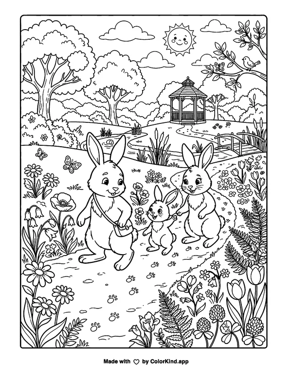Three Bunnies Walking in the Garden as clean black-and-white printable line art made by ColorKind