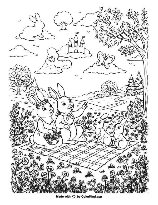 Rabbits Having a Picnic as clean black-and-white printable line art made by ColorKind