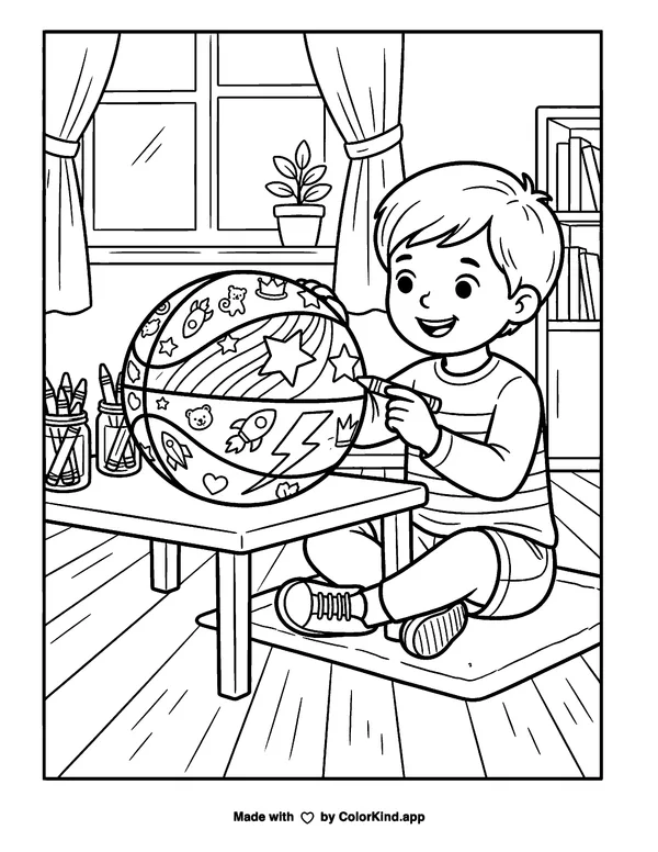 Design a Custom Basketball as clean black-and-white printable line art made by ColorKind