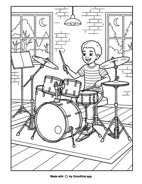Drummer as clean black-and-white printable line art made by ColorKind