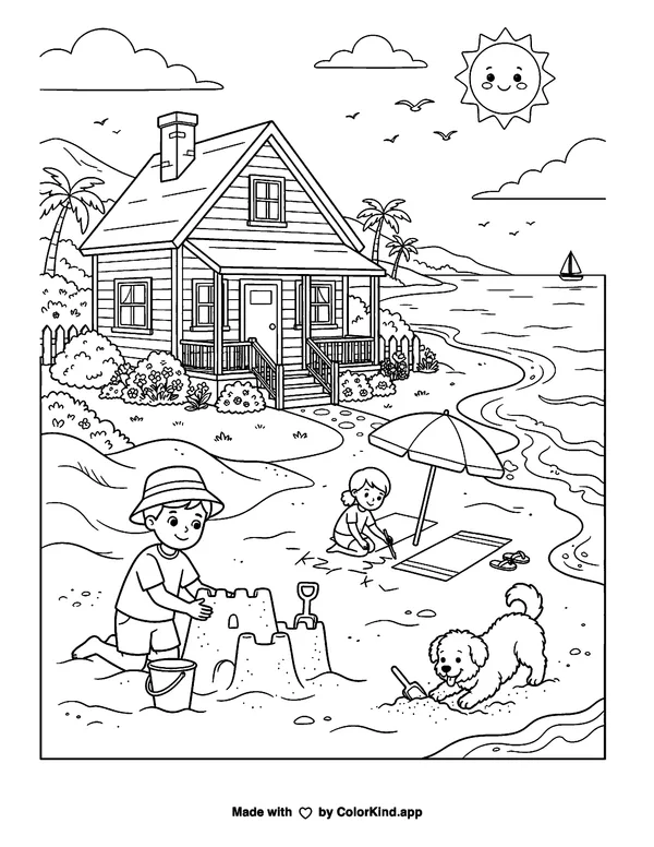 First Pages - House and Beach as clean black-and-white printable line art made by ColorKind