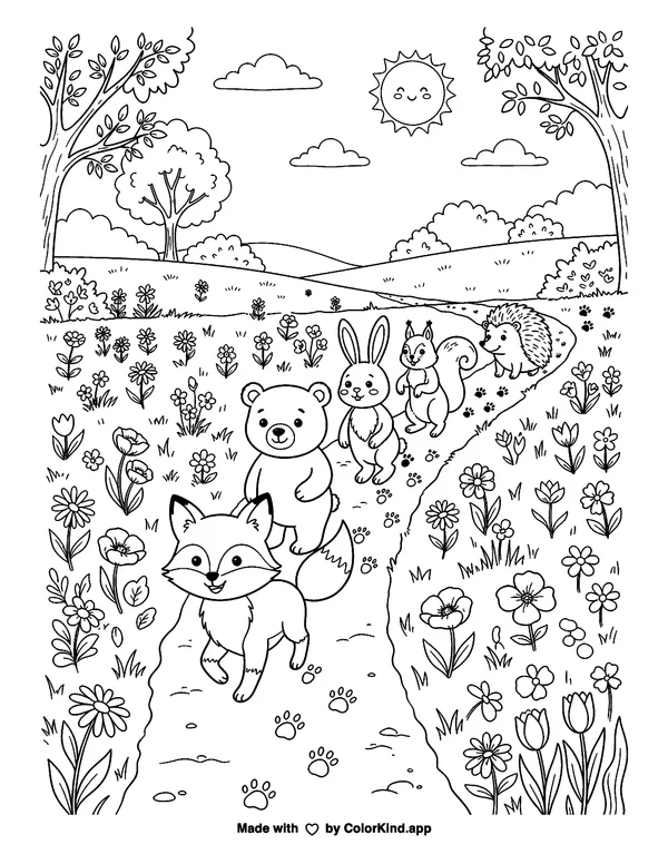 Woodland Animals Walking Through a Meadow as clean black-and-white printable line art made by ColorKind