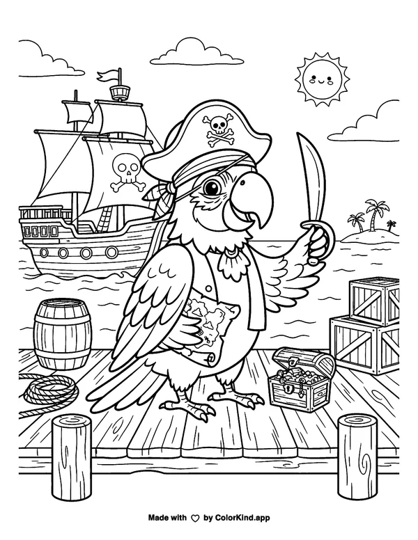 Parrot Dressed as a Pirate on a Dock as clean black-and-white printable line art made by ColorKind