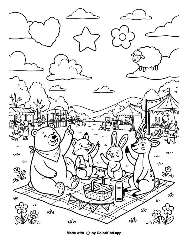 Animals at the market fair picnic as clean black-and-white printable line art made by ColorKind