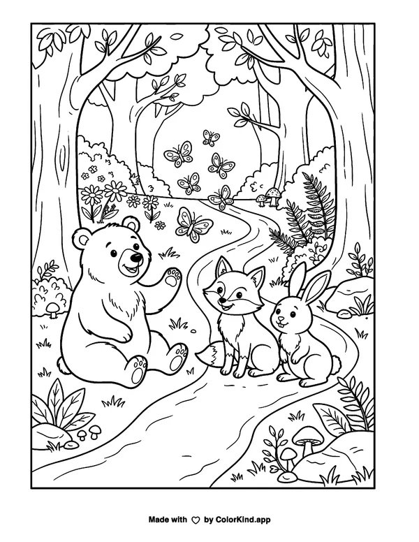 Bear, fox, and rabbit in the forest as clean black-and-white printable line art made by ColorKind
