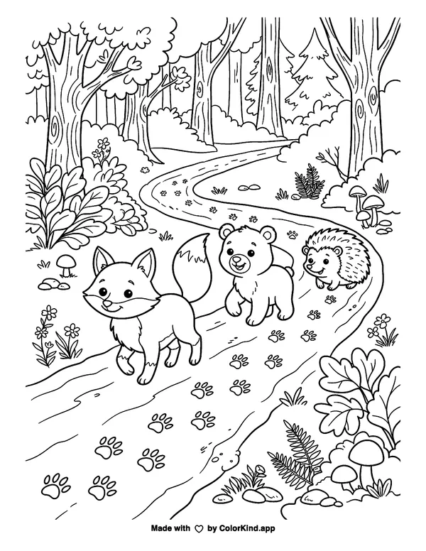 Fox, bear cub, and hedgehog walking in the forest as clean black-and-white printable line art made by ColorKind