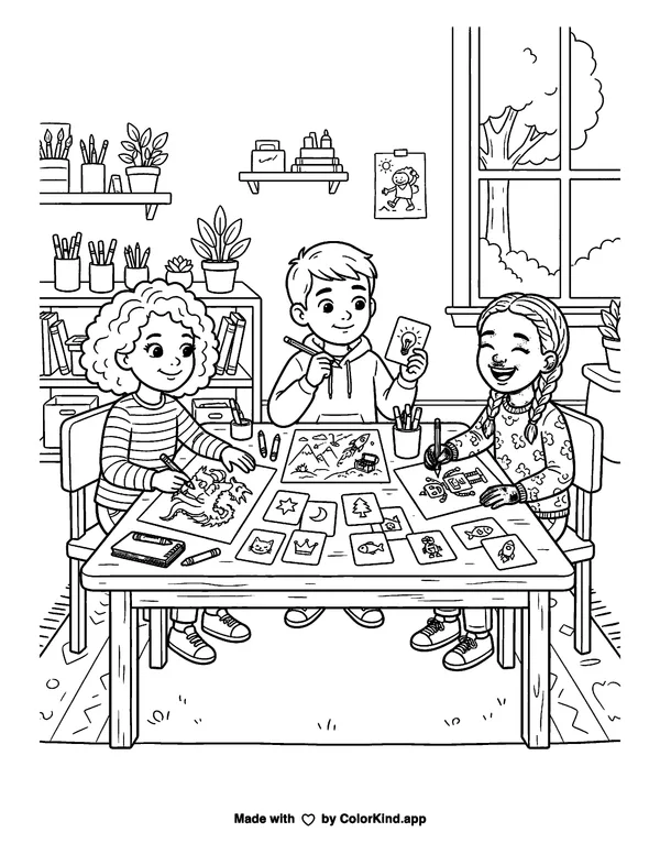 Friends building sandcastles at the beach, scene 5 as clean black-and-white printable line art made by ColorKind