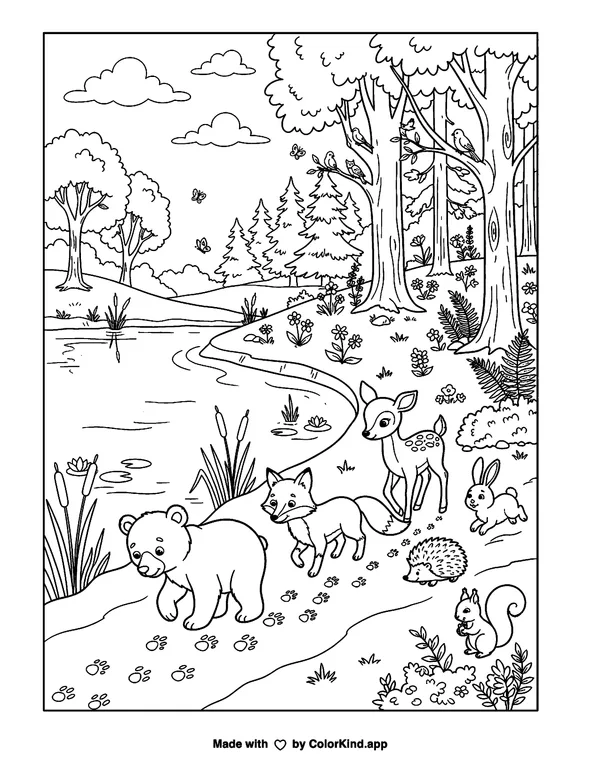 Animals Walking Along the Forest Path as clean black-and-white printable line art made by ColorKind