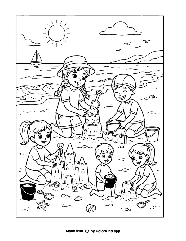 Friends building sandcastles at the beach, scene 7 as clean black-and-white printable line art made by ColorKind