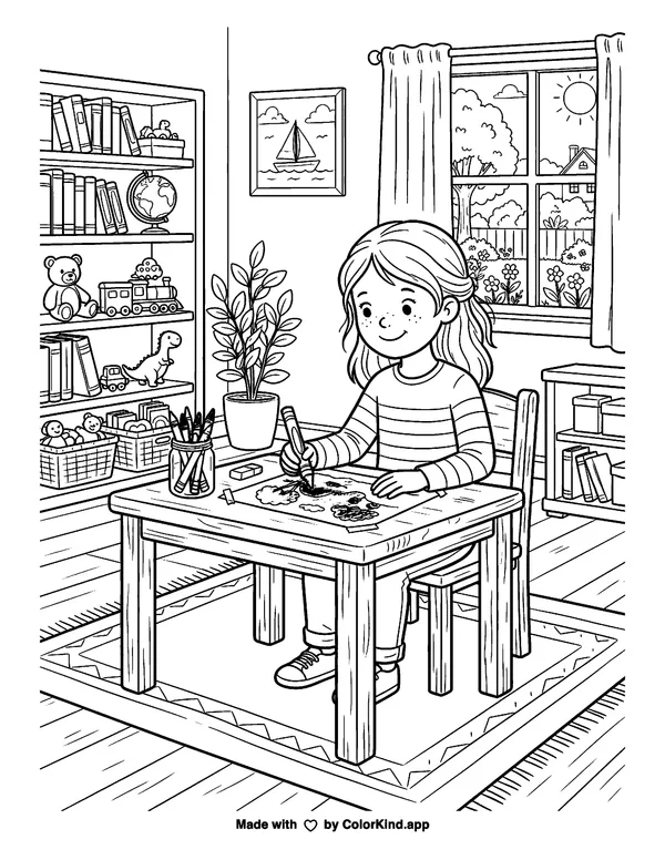 Girl drawing at a desk as clean black-and-white printable line art made by ColorKind