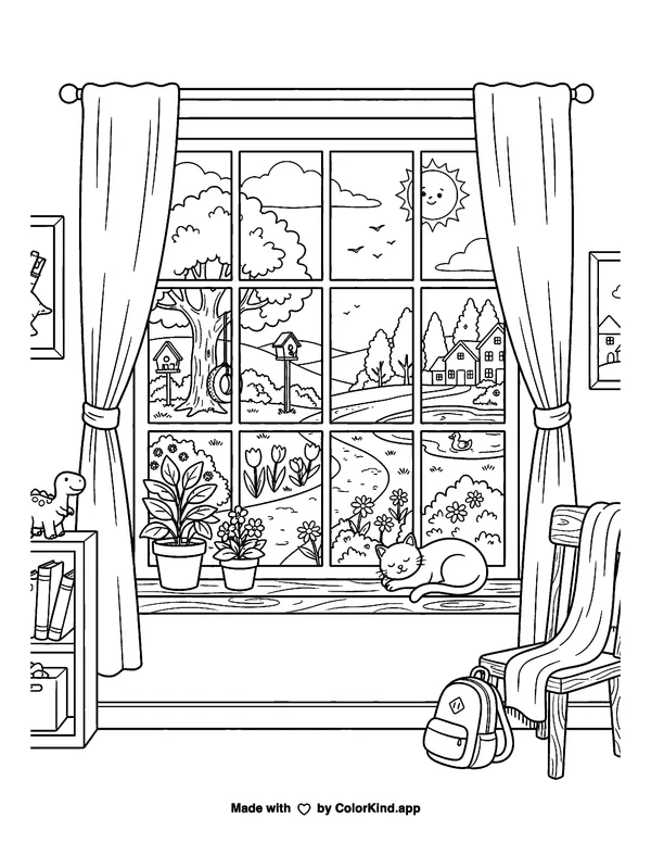 Cat Resting on a Sunny Windowsill as clean black-and-white printable line art made by ColorKind