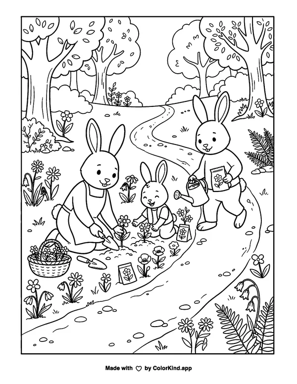 Three bunnies gardening in the park as clean black-and-white printable line art made by ColorKind