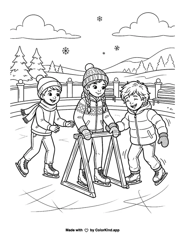 Friends learning to ice skate, scene 4 as clean black-and-white printable line art made by ColorKind