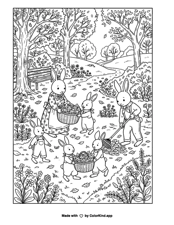 Rabbits Raking Autumn Leaves as clean black-and-white printable line art made by ColorKind