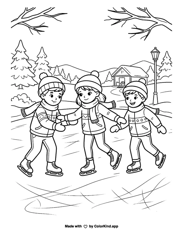 Friends learning to ice skate, scene 7 as clean black-and-white printable line art made by ColorKind