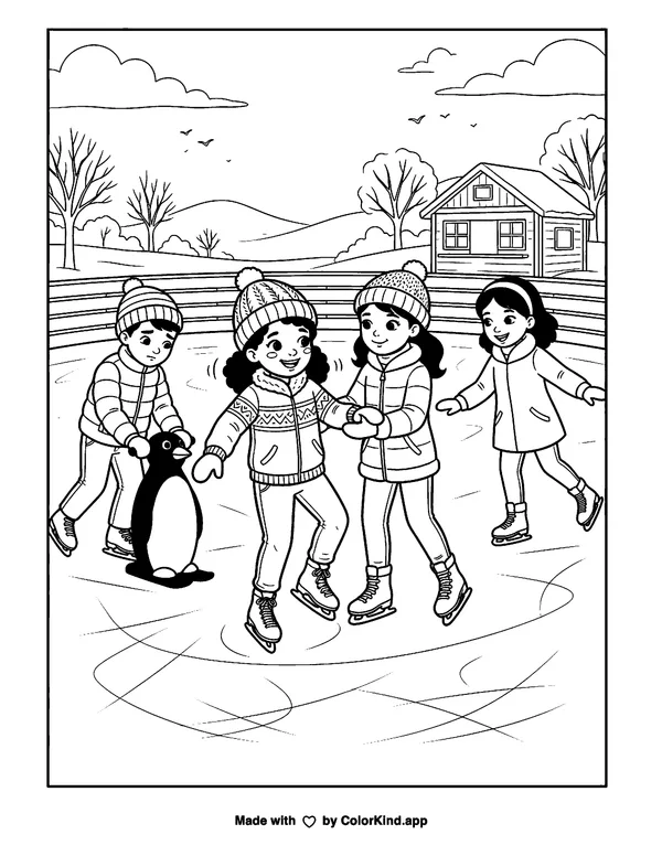 Friends learning to ice skate, scene 8 as clean black-and-white printable line art made by ColorKind
