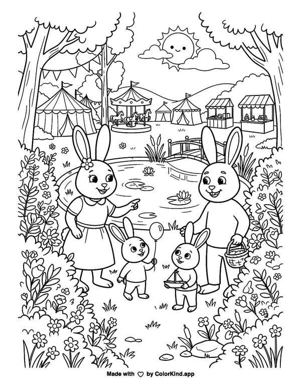 Rabbit family at the park as clean black-and-white printable line art made by ColorKind