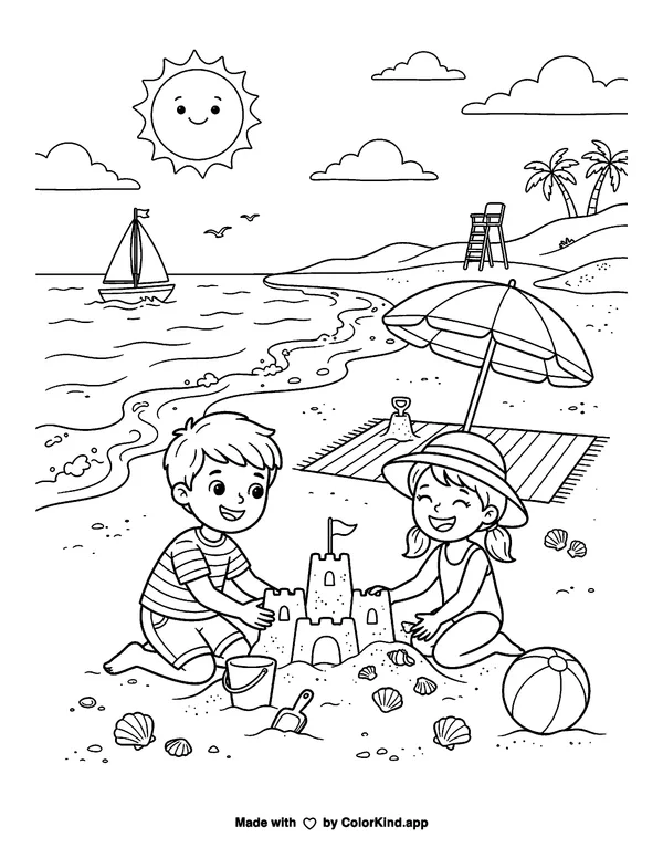 Fun at the Beach as clean black-and-white printable line art made by ColorKind