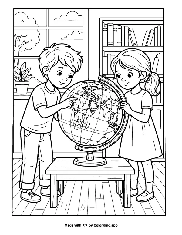 Kids with Globe as clean black-and-white printable line art made by ColorKind