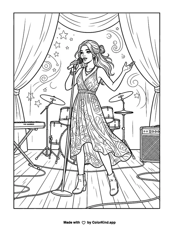 Lead Singer as clean black-and-white printable line art made by ColorKind