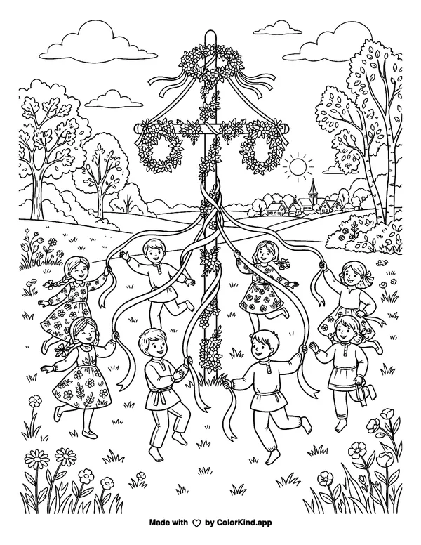 May Day Maypole as clean black-and-white printable line art made by ColorKind