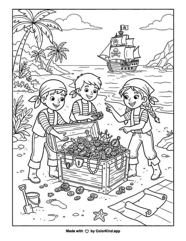 Pirate Treasure as clean black-and-white printable line art made by ColorKind