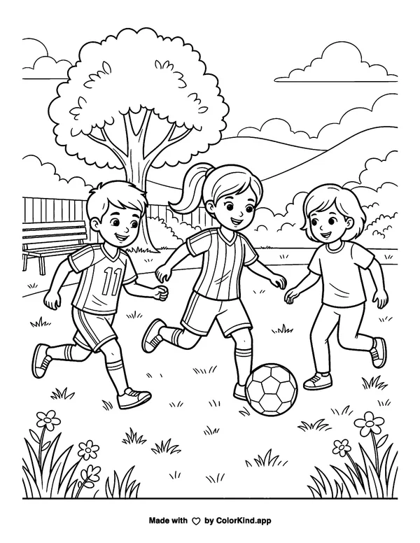 Players and Ball as clean black-and-white printable line art made by ColorKind