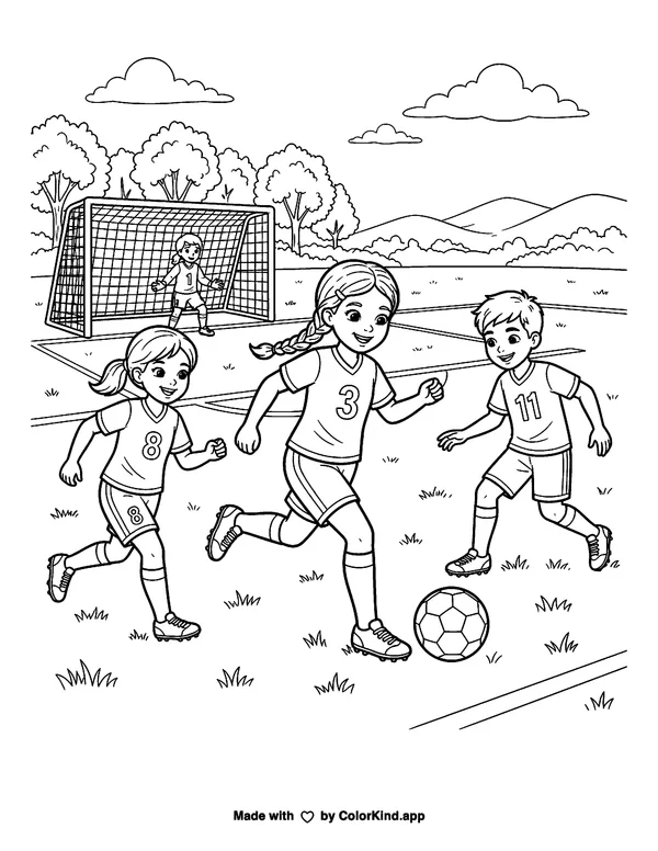 Playing Soccer as clean black-and-white printable line art made by ColorKind