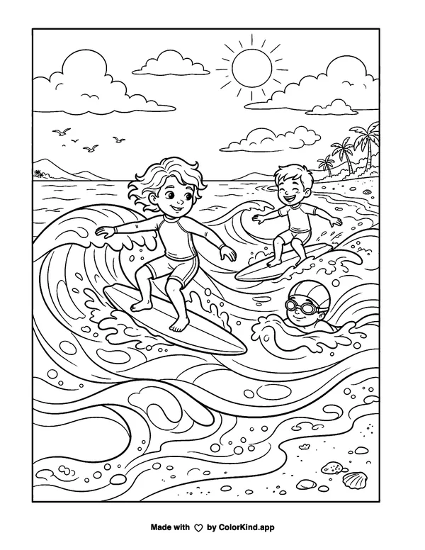Riding the Waves as clean black-and-white printable line art made by ColorKind