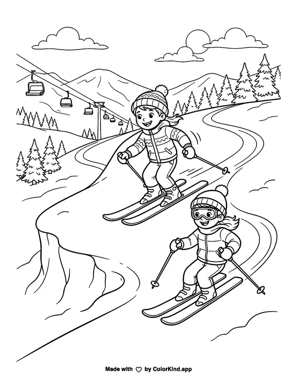 Skiing Fun as clean black-and-white printable line art made by ColorKind