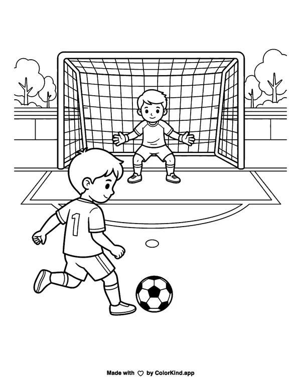 Soccer Penalty Kick as clean black-and-white printable line art made by ColorKind