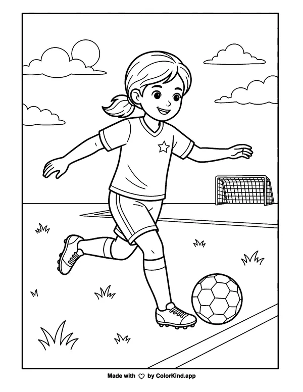 Soccer Player as clean black-and-white printable line art made by ColorKind