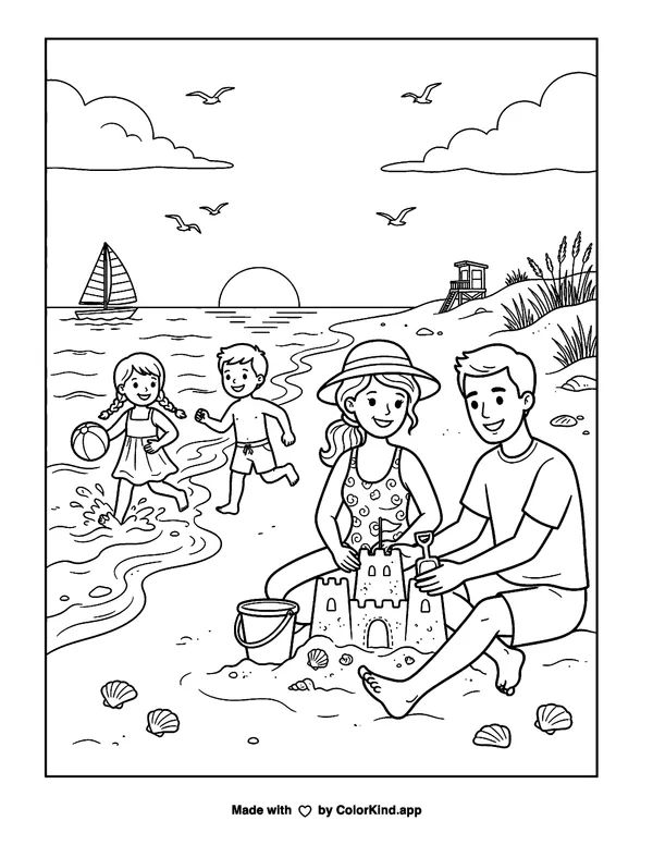 Summer Nostalgia at the Beach as clean black-and-white printable line art made by ColorKind