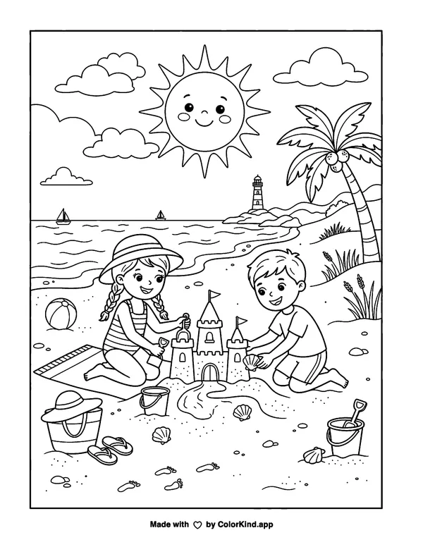 Sun and Sand as clean black-and-white printable line art made by ColorKind