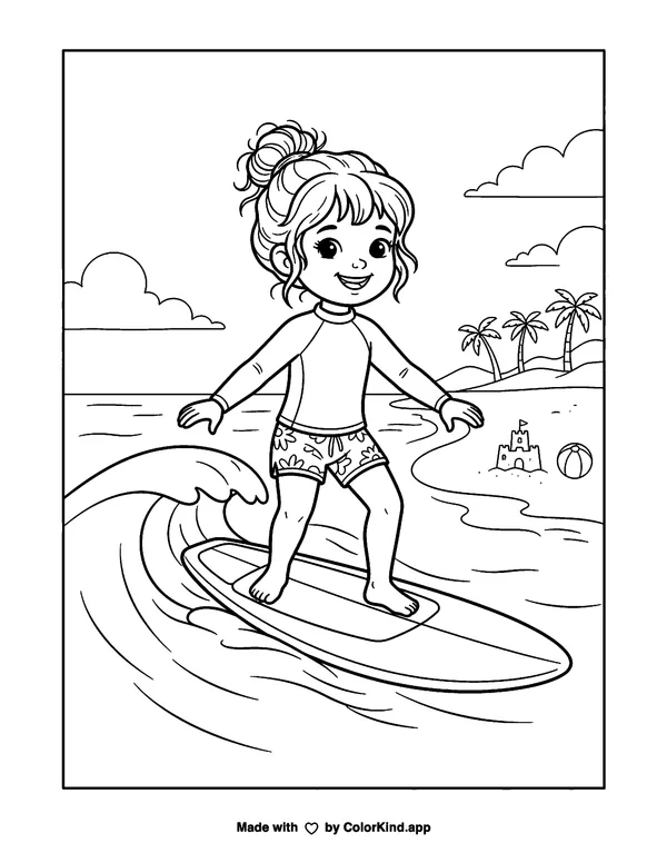 Surfer Girl as clean black-and-white printable line art made by ColorKind