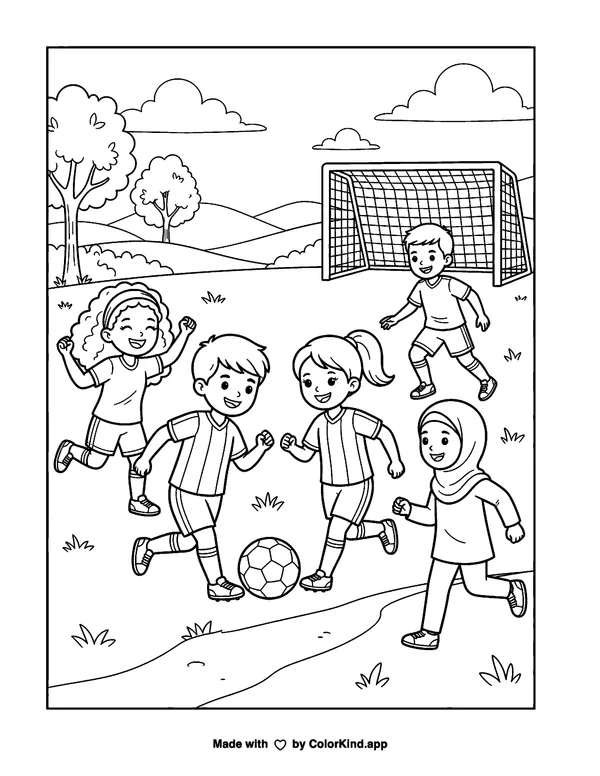 The Beautiful Game as clean black-and-white printable line art made by ColorKind