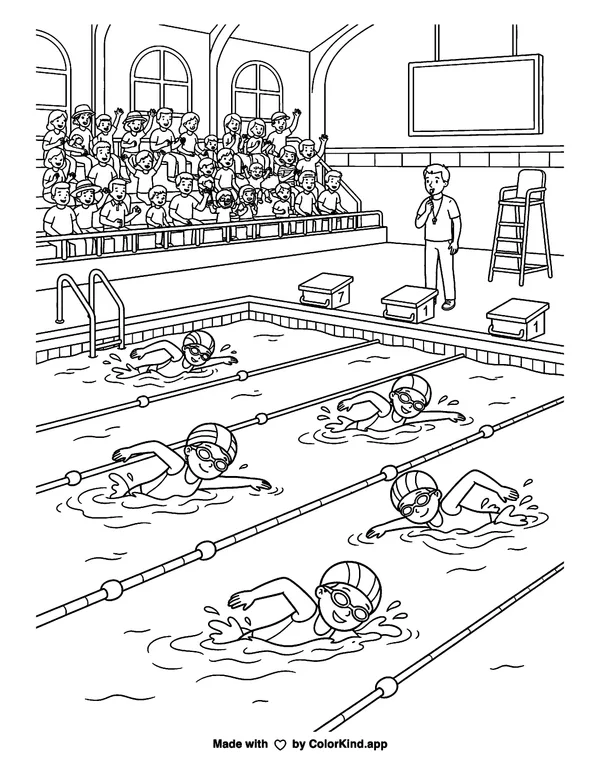 The Swim Meet as clean black-and-white printable line art made by ColorKind