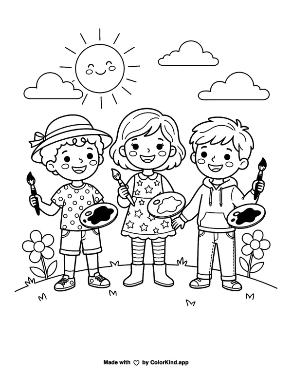 Three Children Holding Paintbrushes as clean black-and-white printable line art made by ColorKind