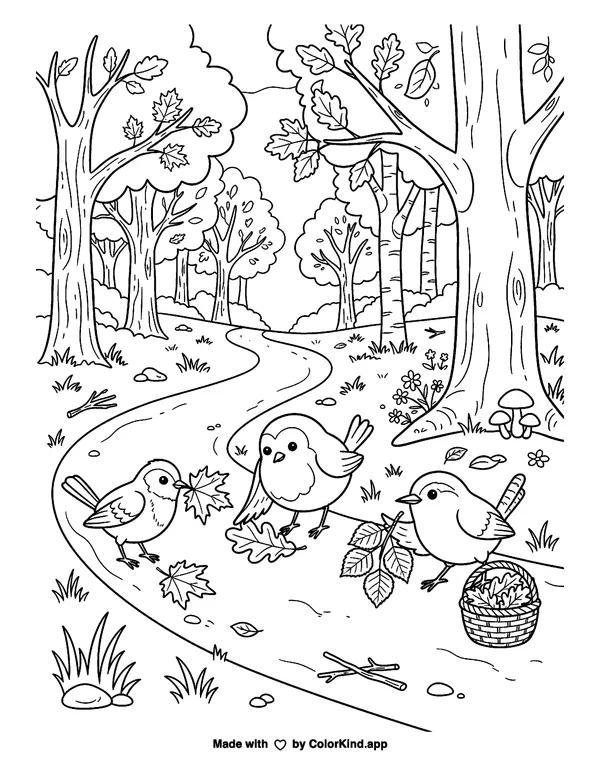 Three Birds Gathering Leaves as clean black-and-white printable line art made by ColorKind
