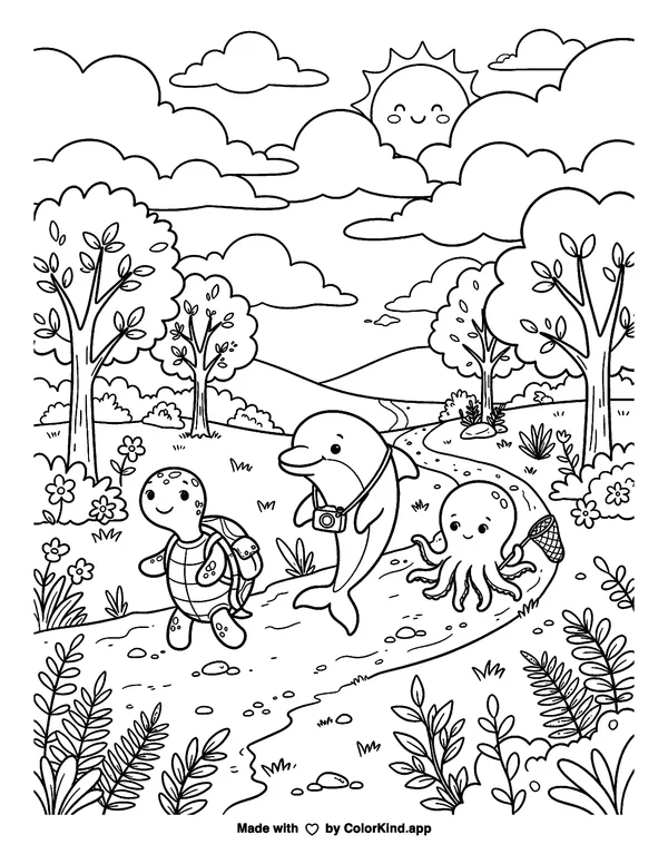 Turtle, dolphin, and octopus walking as clean black-and-white printable line art made by ColorKind