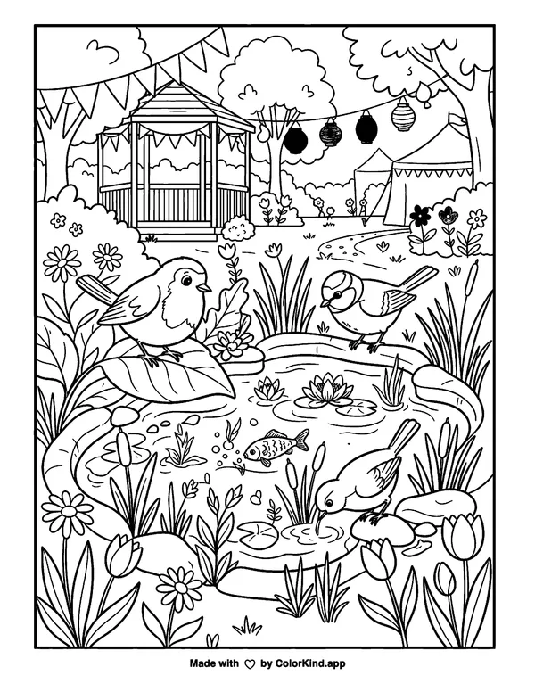 Peaceful Garden with Gazebo and Pond as clean black-and-white printable line art made by ColorKind