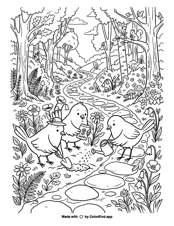 Birds Gardening in the Forest as clean black-and-white printable line art made by ColorKind