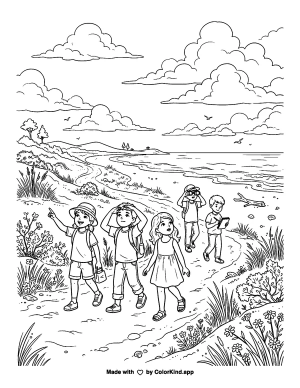 Children exploring a coastal path as clean black-and-white printable line art made by ColorKind